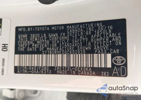 2016 Toyota Corolla S Plus z USA, uszkodzony, nr VIN 2T1BURHE0GC692939